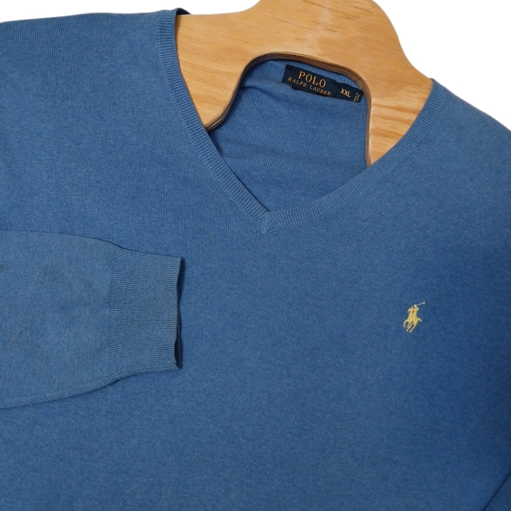 Polo Ralph Lauren Pima Cotton Light Blue Embroided Pony Preppy Vneck Sweater XXL